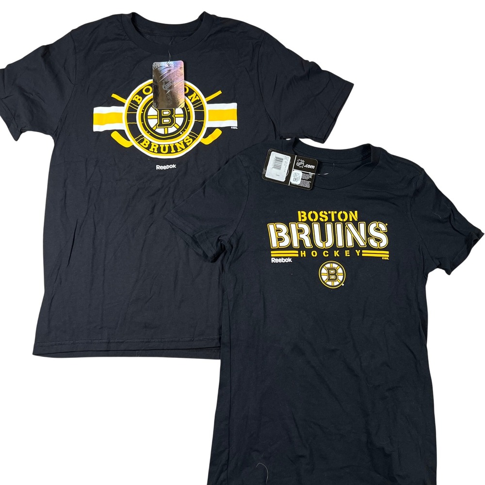 Reebok Boston Bruins Kids Large 14/16 NHL T-Shirt Lot 2 Black‎ Cotton New